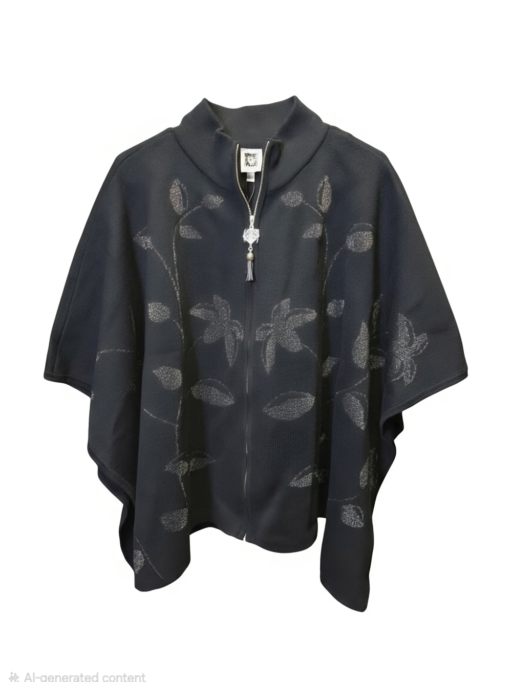 Anne Klein Black Floral Zip-Front Poncho with Tassel